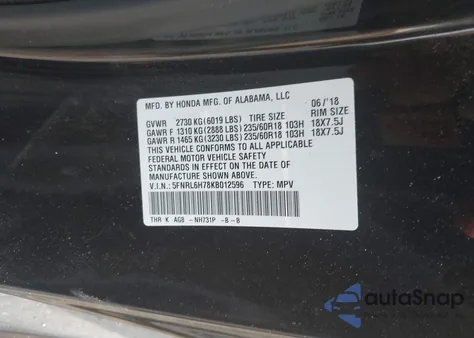 2019 Honda Odyssey Ex-L from USA, damaged, VIN 5FNRL6H78KB012596
